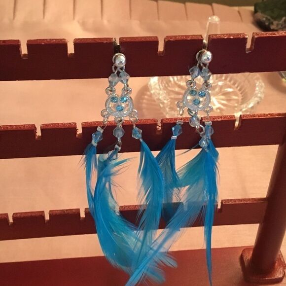 Blue Crystal and fEather Earrings - Picture 2 of 4